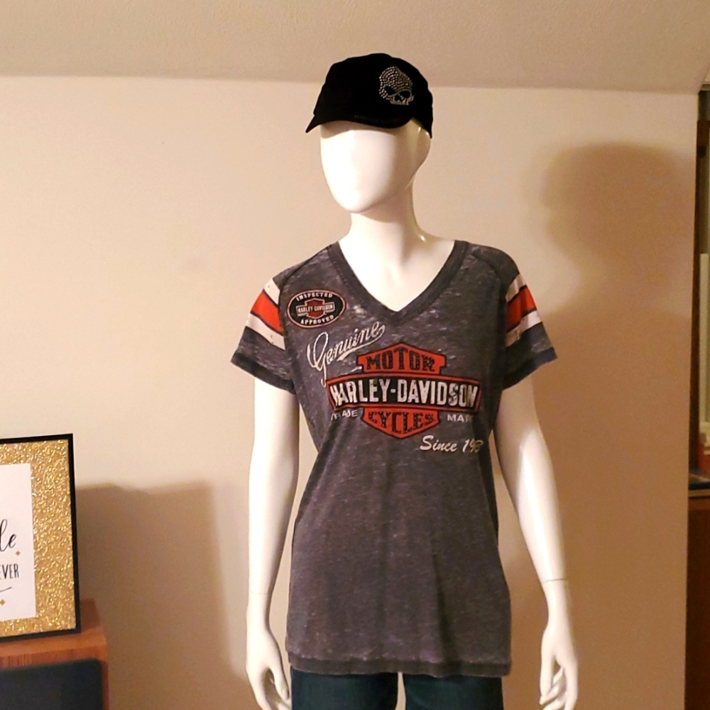 New! Harley-Davidson® Womens V-neck Genuine Oil Can Burnout Tee Grey Black